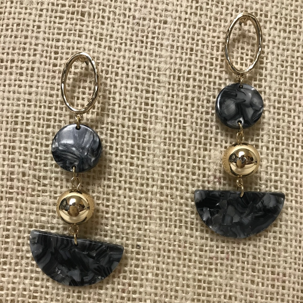 Grey Half Moon Marble Acrylic Beaded Drop Earrings